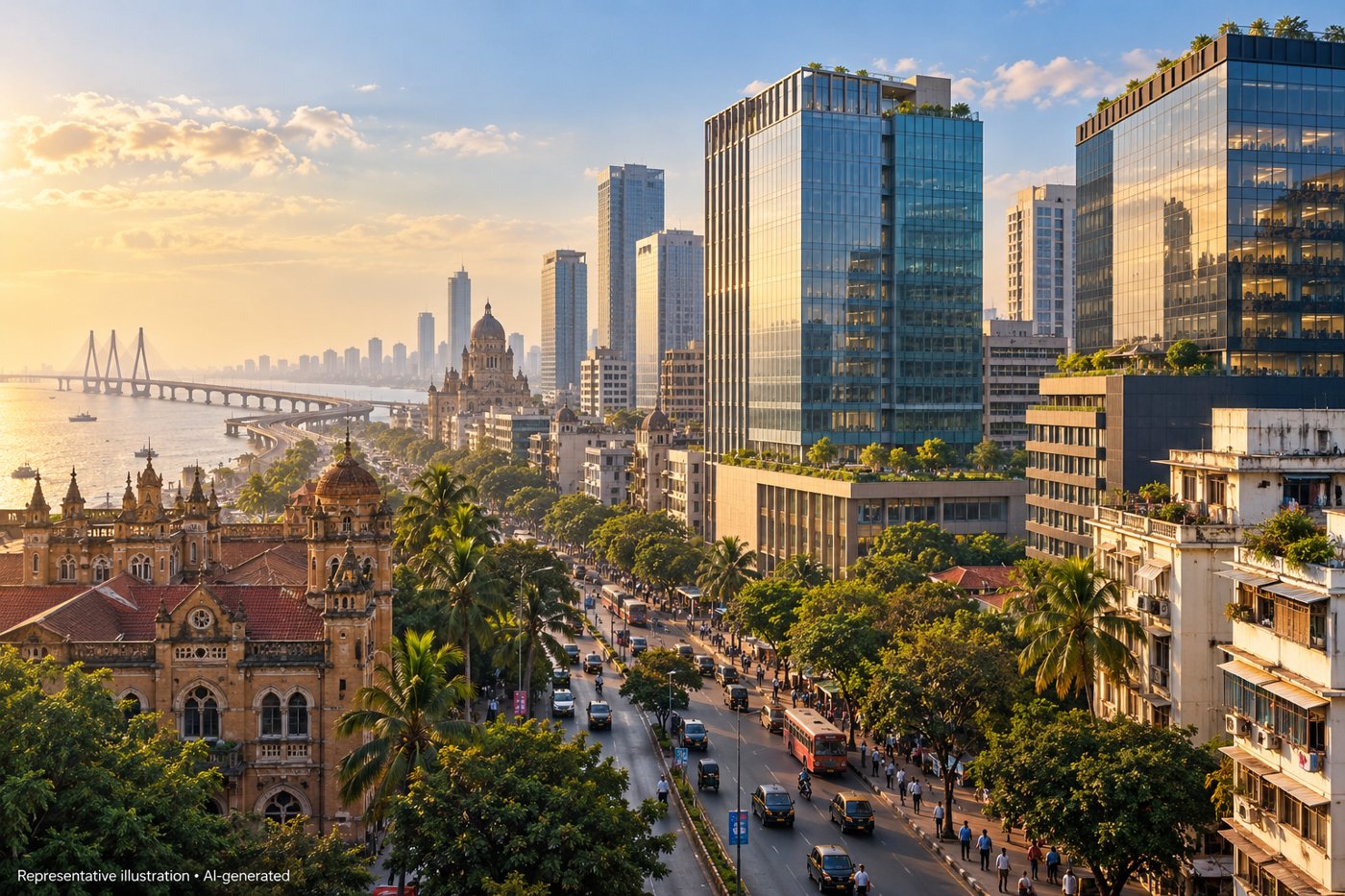 AI-generated representative view of contemporary office towers among Mumbai-inspired urban buildings.