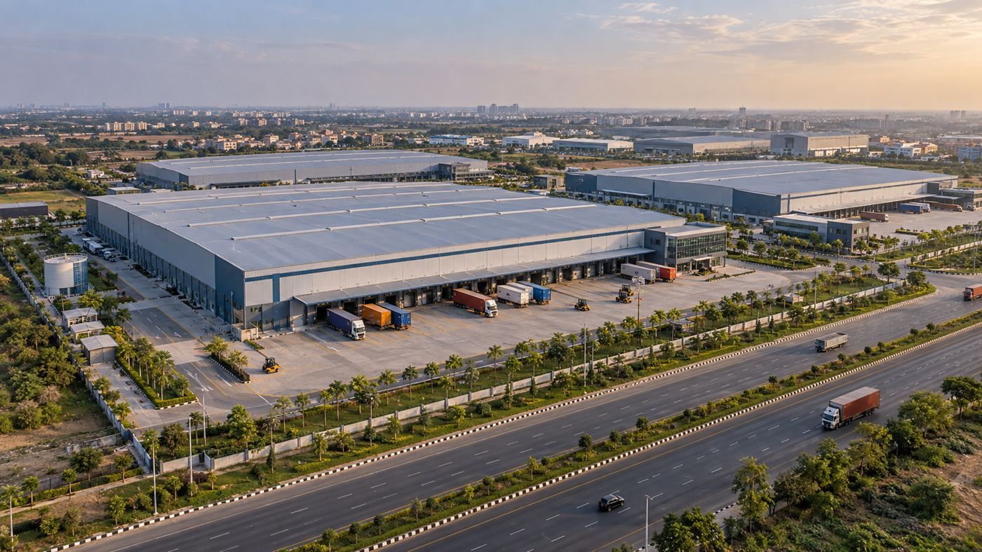 Representative aerial view of a modern Indian logistics park with warehouses and trucks beside a freight corridor