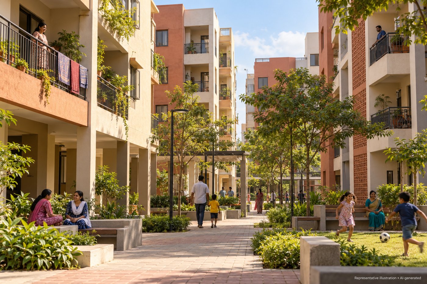AI-generated representative Indian apartment blocks with balconies and a shaded courtyard used by residents.