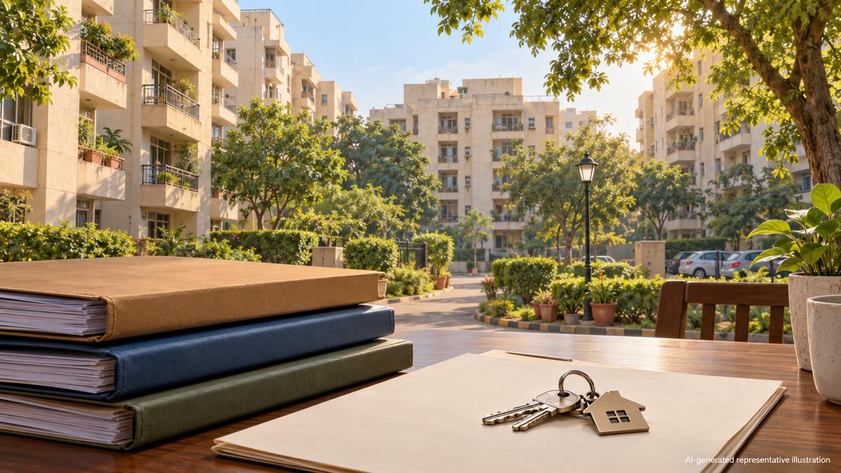 AI-generated illustration of a Delhi apartment neighbourhood with documents and keys, representing DDA freehold conversion applications.