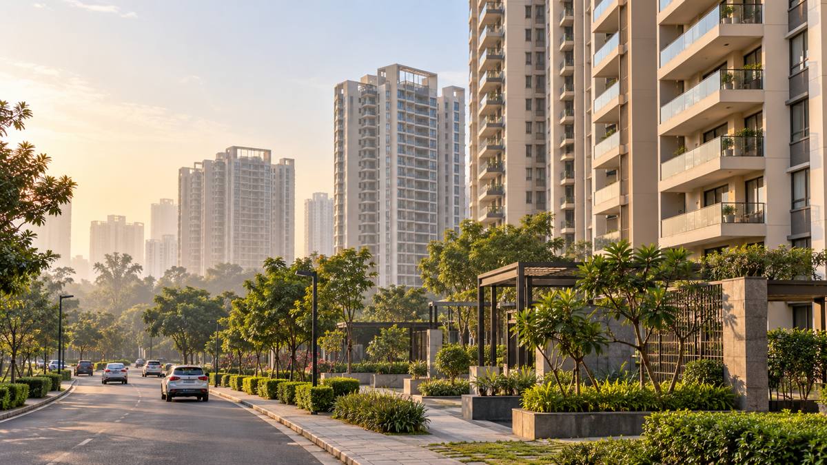 AI-generated representative apartment towers and landscaped grounds in a Delhi-NCR-inspired residential neighbourhood.