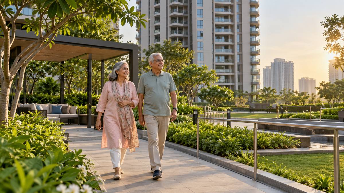 AI-generated representative view of an Indian senior couple walking through an accessible landscaped luxury housing complex in Gurugram.