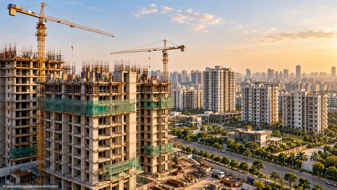 Representative illustration of Indian apartment towers under construction, with cranes beside completed residential buildings