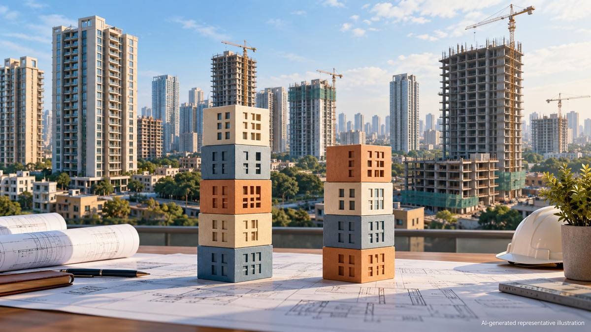 AI-generated illustration of housing construction and supply-demand stacks for India housing sales coverage.