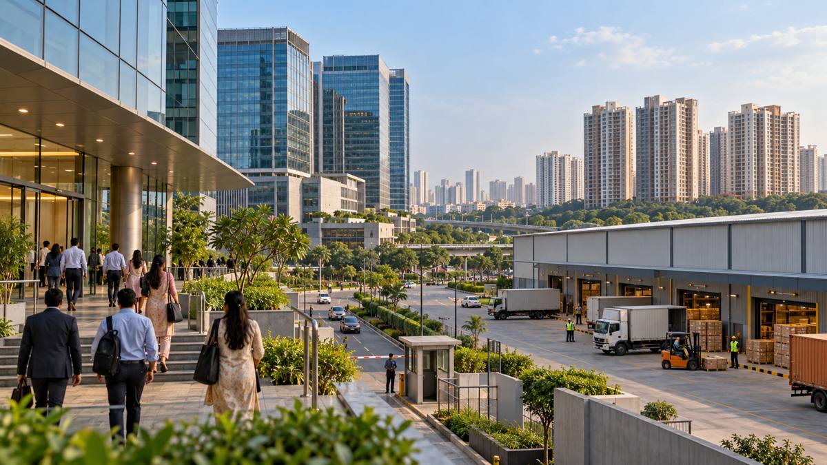 AI-generated Indian office towers and logistics warehouse with residential apartment buildings in the background.