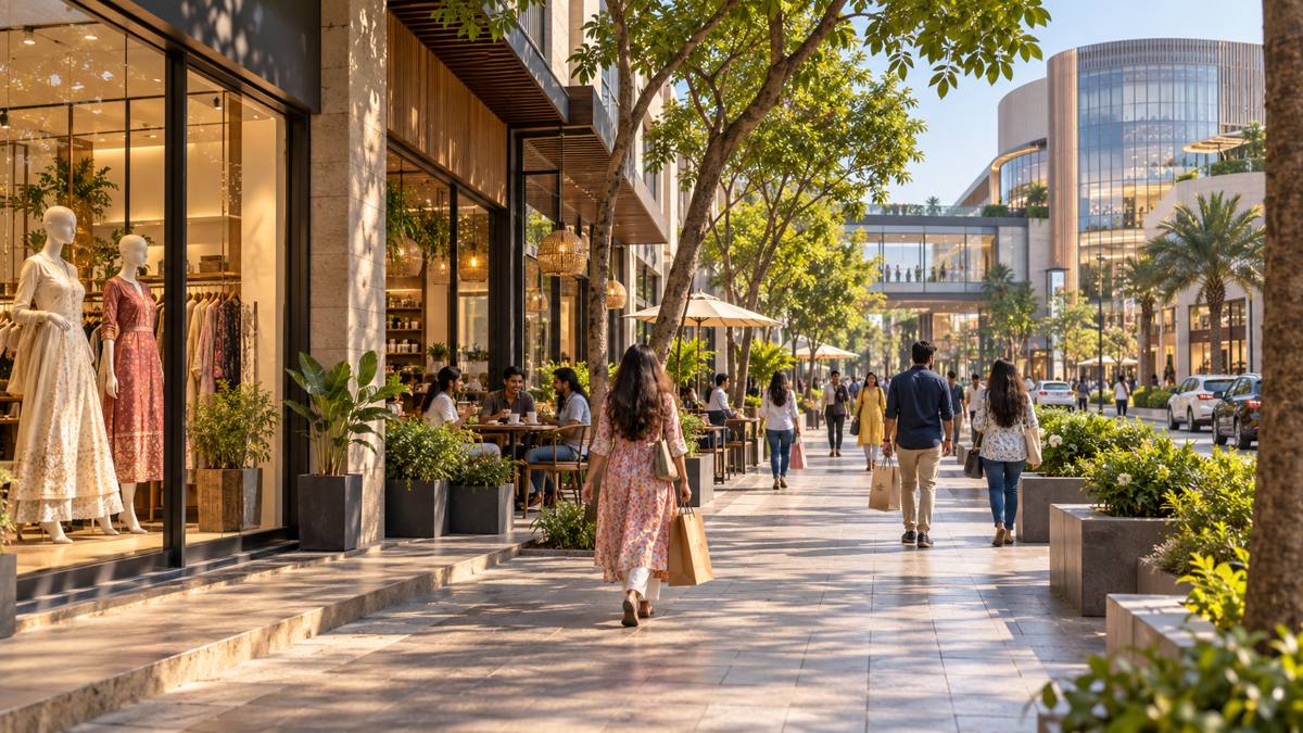 AI-generated representative Indian retail high street with shopfronts, pedestrians and a shopping centre in the distance.