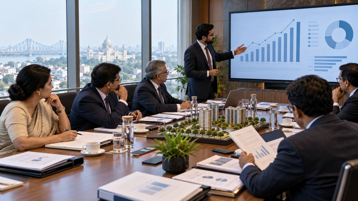 AI-generated Indian property executives and capital-market advisers reviewing governance documents in a boardroom.