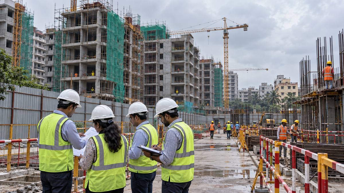 AI-generated engineers in safety helmets inspecting scaffolding at a generic Kolkata residential construction site.