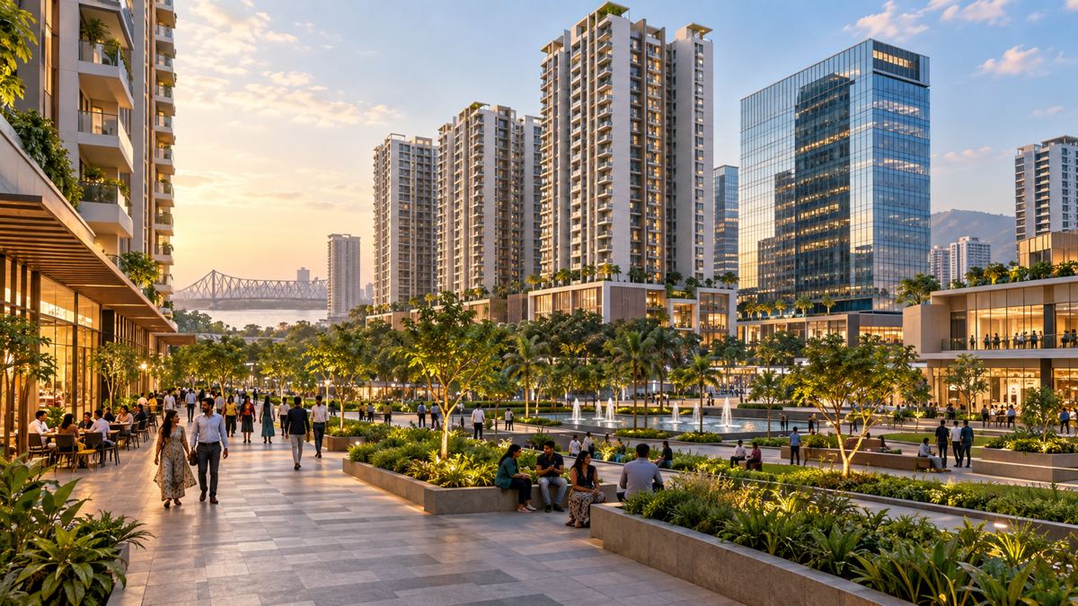 AI-generated residential towers and office buildings surrounding landscaped public space.
