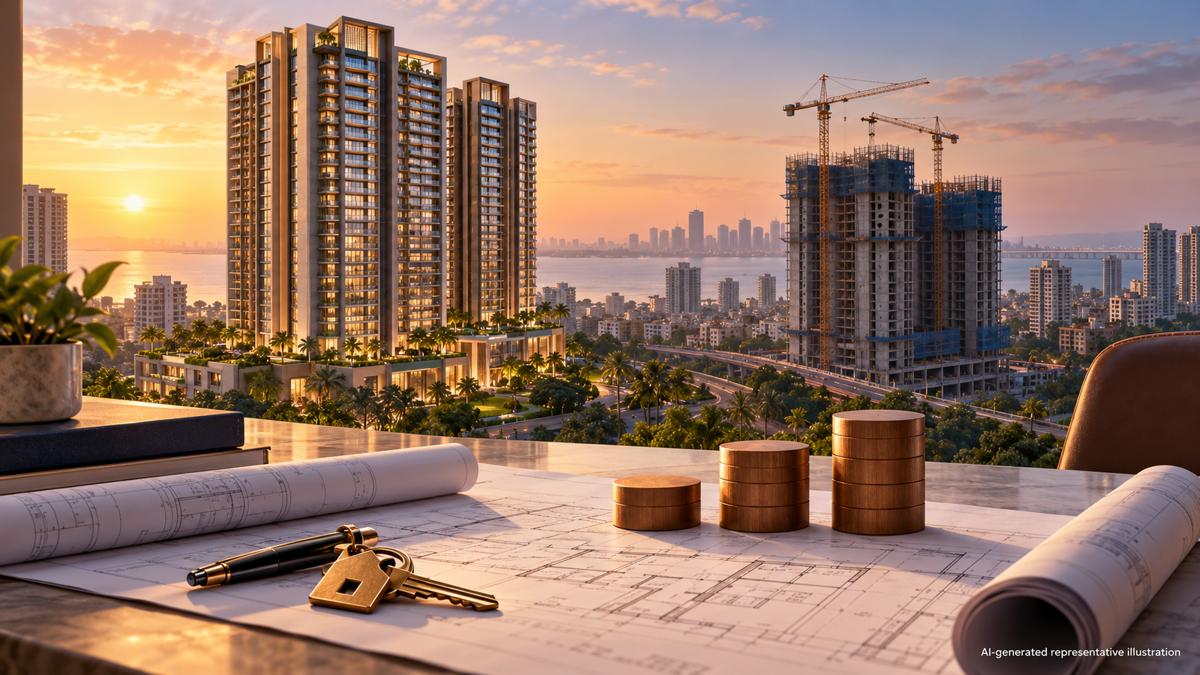 AI-generated illustration of premium Mumbai-region housing, construction and booking tokens for Raymond Realty news.