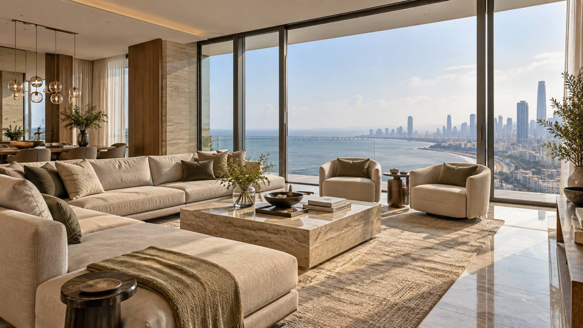 AI-generated luxury apartment interior with floor-to-ceiling windows overlooking a generic Mumbai coastal skyline.