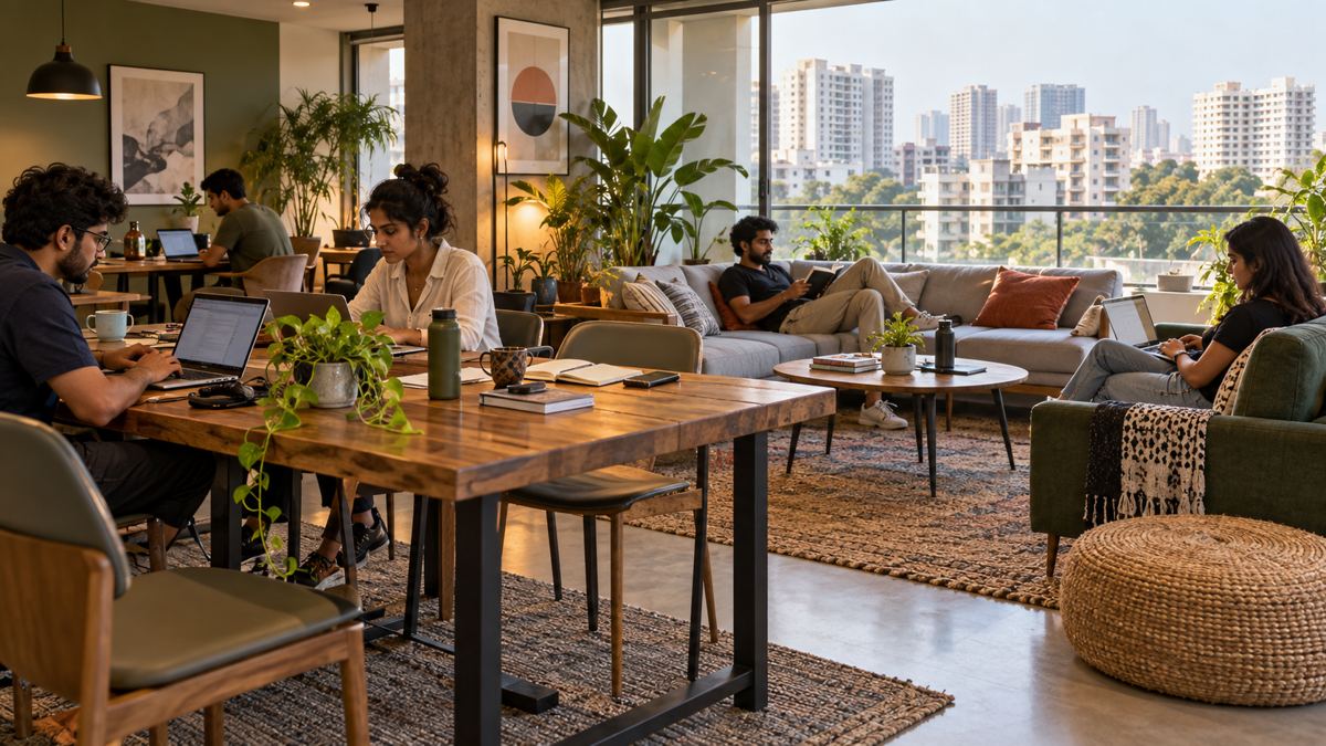 AI-generated shared residential lounge with a communal work table and windows overlooking generic urban apartments.