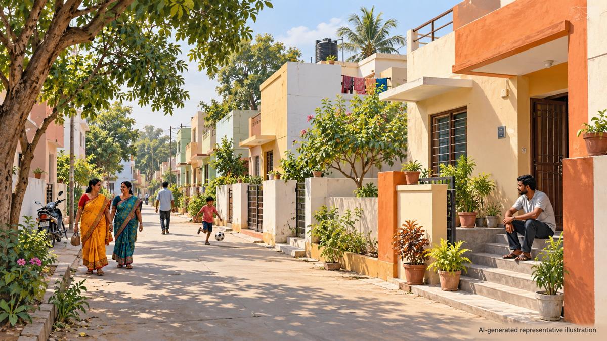 AI-generated illustration of modest homes in a generic Odisha town for PMAY-U 2.0 housing coverage.