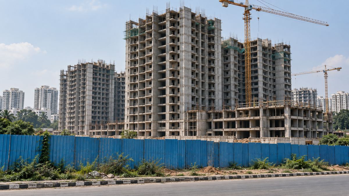 AI-generated unfinished apartment towers behind a blue construction fence.