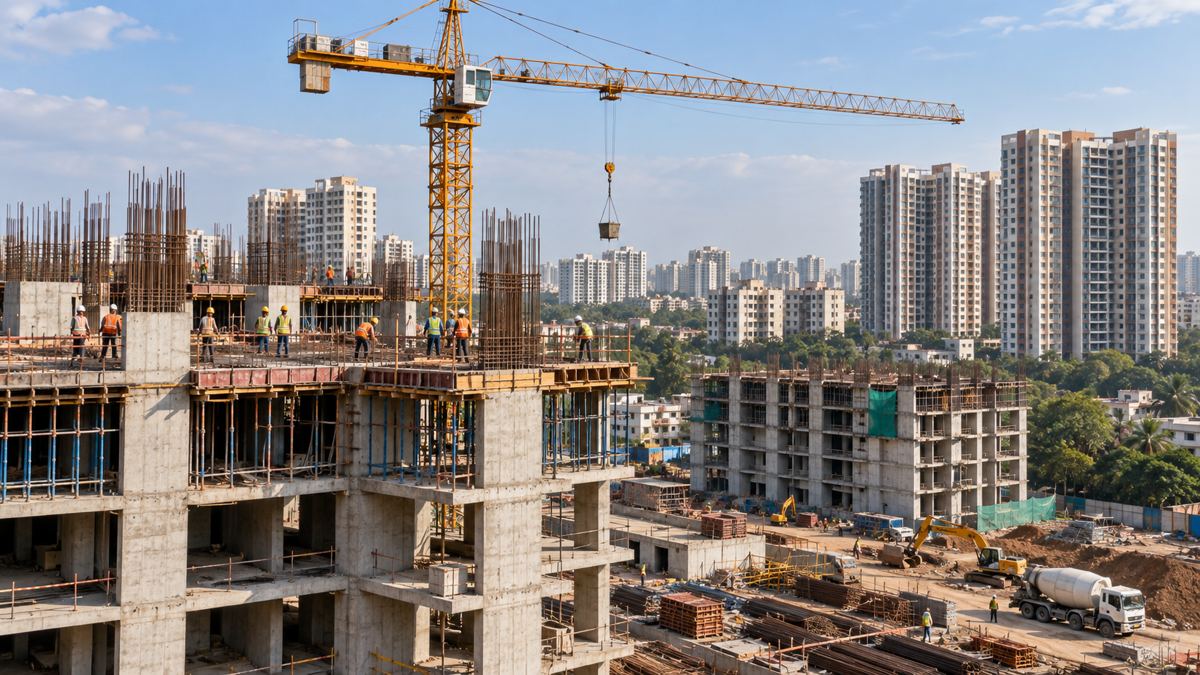 AI-generated Indian apartment construction site with concrete building frames, a crane and completed residential blocks in the distance.