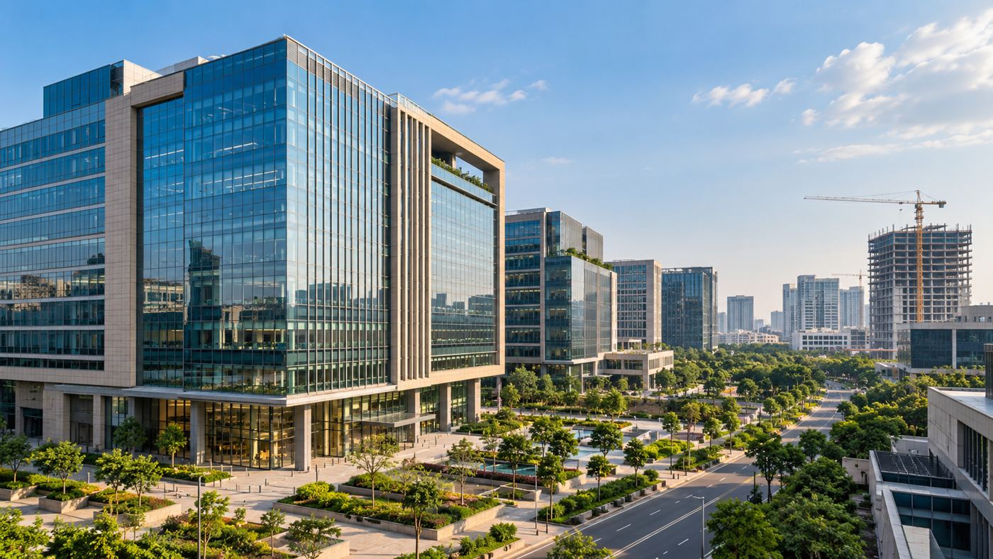 Modern Bengaluru-style office district with completed commercial towers and a building under construction, representing Prestige Estates' FY30 rental-income target.