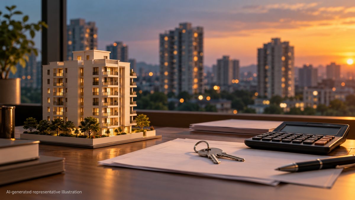 AI-generated illustration of an apartment model, calculator and keys representing Indian home-loan affordability ahead of the RBI October 2026 decision.