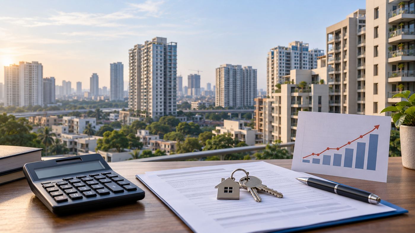 Indian apartment buildings behind home-loan papers, keys, calculator and rising interest-rate chart after the October 2026 RBI repo-rate hike.