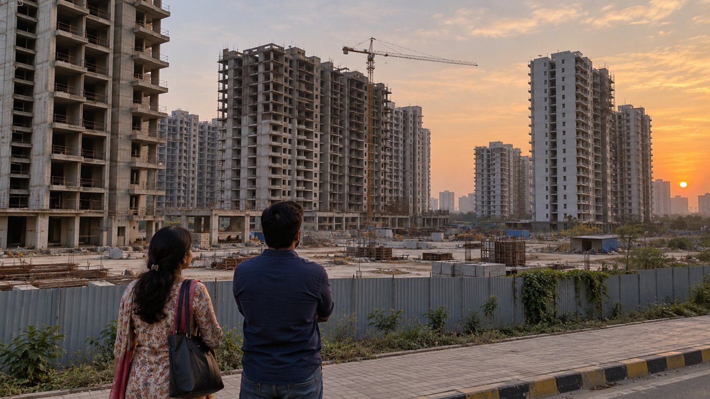 AI-generated representative illustration of two adults viewing unfinished apartment towers in a Noida-inspired urban setting.