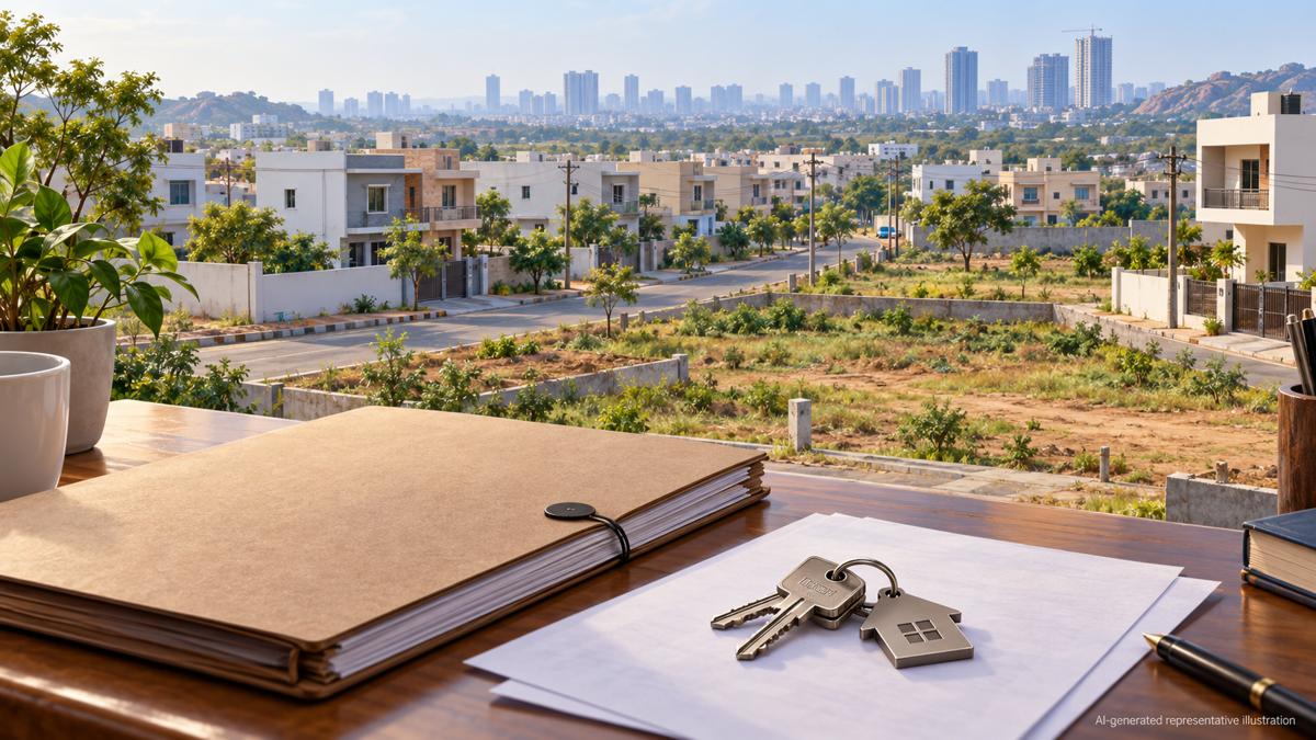 AI-generated illustration of a Hyderabad-style residential neighbourhood with documents and keys, representing Telangana NALA property registration.